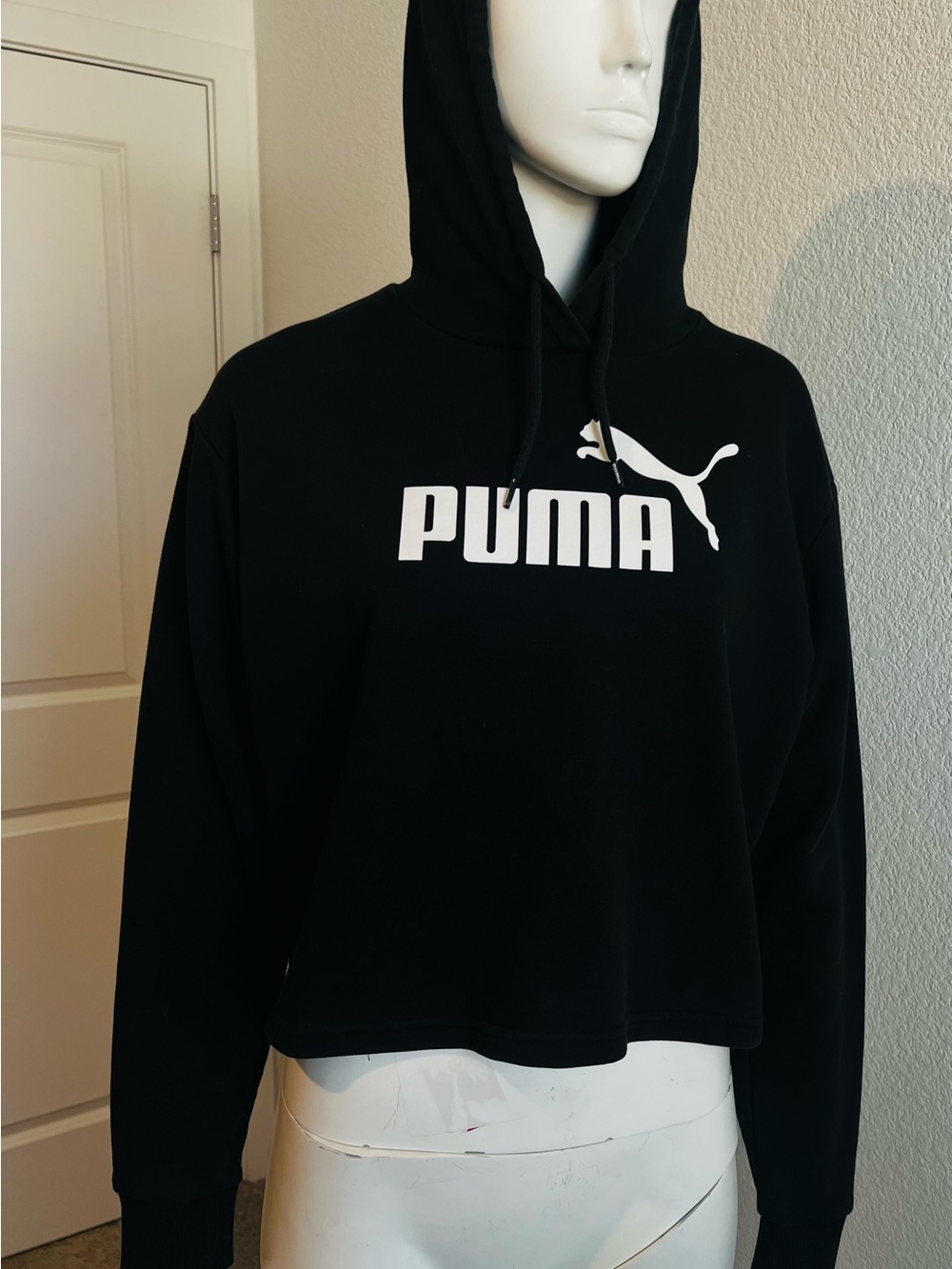 Puma Black Cropped Hoodie with White Logo
